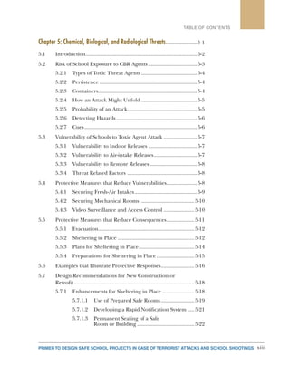 xiiiPRIMER TO DESIGN SAFE SCHOOL PROJECTS IN CASE OF TERRORIST ATTACKS AND SCHOOL SHOOTINGS
TABLE OF CONTENTS
Chapter 5: Chemical, Biological, and Radiological Threats......................5-1
5.1	Introduction.................................................................................5-2
5.2	 Risk of School Exposure to CBR Agents....................................5-3
5.2.1	 Types of Toxic Threat Agents.........................................5-4
5.2.2	Persistence.......................................................................5-4
5.2.3	Containers........................................................................5-4
5.2.4	 How an Attack Might Unfold.........................................5-5
5.2.5	 Probability of an Attack...................................................5-5
5.2.6	 Detecting Hazards...........................................................5-6
5.2.7	Cues..................................................................................5-6
5.3	 Vulnerability of Schools to Toxic Agent Attack.........................5-7
5.3.1	 Vulnerability to Indoor Releases....................................5-7
5.3.2	 Vulnerability to Air-intake Releases................................5-7
5.3.3	 Vulnerability to Remote Releases...................................5-8
5.3.4	 Threat Related Factors ...................................................5-8
5.4	 Protective Measures that Reduce Vulnerabilities.......................5-8
5.4.1	 Securing Fresh-Air Intakes..............................................5-9
5.4.2	 Securing Mechanical Rooms .......................................5-10
5.4.3	 Video Surveillance and Access Control.......................5-10
5.5	 Protective Measures that Reduce Consequences.....................5-11
5.5.1	Evacuation......................................................................5-12
5.5.2	 Sheltering in Place........................................................5-12
5.5.3	 Plans for Sheltering in Place.........................................5-14
5.5.4	 Preparations for Sheltering in Place............................5-15
5.6	 Examples that Illustrate Protective Responses.........................5-16
5.7	 Design Recommendations for New Construction or
	Retrofit.......................................................................................5-18
5.7.1	 Enhancements for Sheltering in Place........................5-18
5.7.1.1	 Use of Prepared Safe Rooms.........................5-19
5.7.1.2	 Developing a Rapid Notification System......5-21
5.7.1.3	 Permanent Sealing of a Safe
	 Room or Building..........................................5-22
 