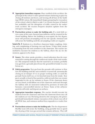 5-17PRIMER TO DESIGN SAFE SCHOOL PROJECTS IN CASE OF TERRORIST ATTACKS AND SCHOOL SHOOTINGS
2CHEMICAL, BIOLOGICAL, AND RADIOLOGICAL THREATS 5
n	 Appropriate immediate response. Once notified of the accident, the
principal of the school ½ mile upwind initiates sheltering in place by
closing all windows and doors, and turning off all fans of the build-
ing’s HVAC system. He immediately begins preparing for evacuation
of the school, which is likely to take 1 to 2 hours because of limited
bus availability and the disruption of traffic caused by the tanker
truck accident. He receives frequent situation updates from the
emergency managers.
n	 Post-incident actions to make the building safe. If a wind shift oc-
curs, some of the toxic chemical may infiltrate and be retained in the
closed building. Before the building is reoccupied, the fire depart-
ment will perform air-sampling tests for the specific chemical and
will aerate the building until the air-sampling results are negative.
Scenario No. 3: Students in a first-floor classroom begin coughing, chok-
ing, and complaining of burning eyes and throat. A faint white smoke
is emanating from the unit ventilator in the classroom. The teacher im-
mediately evacuates his students to the hallway, where the air, for the
moment, appears to be clean.
n	 Source. The white smoke provides a visual indication that the toxic
material is coming through the outdoor-air intake of the unit ventila-
tor. The symptoms indicate that the material is an irritant, probably
tear gas from a grenade placed near the ground-level intake in a ma-
licious act.
n	 Likely progression. Tear gas from the grenade will continue to flow
into the building until the unit ventilator is turned off, automatically
closing its air damper if it is in proper working order, or until the
grenade burns itself out, or it is knocked away from the intake. Tear
gas is actually a cloud of fine particles, solid aerosols that can remain
suspended in the air for minutes to hours. If the classroom doors
are not closed, it will diffuse out of the classroom and travel through
the hallway with air movement induced by pressures of wind and
buoyancy (uncontrolled interior air flows). Some of the airborne
particles will settle and deposit on surfaces.
n	 Appropriate immediate response. The teacher should evacuate his
students from the classroom and close the classroom doors once all
the students are out. On being alerted to the emergency, the princi-
pal should immediately initiate evacuation of the school, turn off of
all HVAC fans, and summon medical first responders to render first
aid.
n	 Post-incident actions to make the building safe. The fire department
HazMat team will aerate the building, using portable fans to speed
the clearing of the tear gas aerosol that remains airborne. They will
 