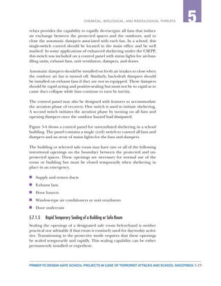 5-23PRIMER TO DESIGN SAFE SCHOOL PROJECTS IN CASE OF TERRORIST ATTACKS AND SCHOOL SHOOTINGS
2CHEMICAL, BIOLOGICAL, AND RADIOLOGICAL THREATS 5
relays provides the capability to rapidly de-energize all fans that induce
air exchange between the protected spaces and the outdoors, and to
close the automatic dampers associated with each fan. In a school, this
single-switch control should be located in the main office and be well
marked. In some applications of enhanced sheltering under the CSEPP,
this switch was included on a control panel with status lights for air-han-
dling units, exhaust fans, unit ventilators, dampers, and doors.
Automatic dampers should be installed on fresh air intakes to close when
the outdoor air fan is turned off. Similarly, back-draft dampers should
be installed on exhaust fans if they are not so equipped. These dampers
should be rapid acting and positive-sealing but must not be so rapid as to
cause duct collapse while fans continue to turn by inertia.
The control panel may also be designed with features to accommodate
the aeration phase of recovery. One switch is used to initiate sheltering.
A second switch initiates the aeration phase by turning on all fans and
opening dampers once the outdoor hazard had dissipated.
Figure 5-4 shows a control panel for unventilated sheltering in a school
building. The panel contains a single (red) switch to control all fans and
dampers and an array of status lights for the fans and dampers.
The building or selected safe room may have one or all of the following
intentional openings on the boundary between the protected and un-
protected spaces. These openings are necessary for normal use of the
room or building but must be closed temporarily when sheltering in
place in an emergency.
n	 Supply and return ducts
n	 Exhaust fans
n	 Door louvers
n	 Window-type air conditioners or unit ventilators
n	 Door undercuts
5.7.1.5	 Rapid Temporary Sealing of a Building or Safe Room
Sealing the openings of a designated safe room beforehand is neither
practical nor advisable if that room is routinely used for day-to-day activi-
ties. Transitioning to the protective mode requires that these openings
be sealed temporarily and rapidly. This sealing capability can be either
permanently installed or expedient.
 