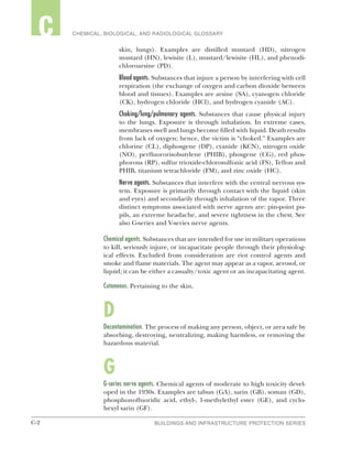 C-2 BUILDINGS AND INFRASTRUCTURE PROTECTION SERIESC-2
2 CHEMICAL, BIOLOGICAL, AND RADIOLOGICAL GLOSSARYC
skin, lungs). Examples are distilled mustard (HD), nitrogen
mustard (HN), lewisite (L), mustard/lewisite (HL), and phenodi-
chloroarsine (PD).
Blood agents. Substances that injure a person by interfering with cell
respiration (the exchange of oxygen and carbon dioxide between
blood and tissues). Examples are arsine (SA), cyanogen chloride
(CK), hydrogen chloride (HCl), and hydrogen cyanide (AC).
Choking/lung/pulmonary agents. Substances that cause physical injury
to the lungs. Exposure is through inhalation. In extreme cases,
membranes swell and lungs become filled with liquid. Death results
from lack of oxygen; hence, the victim is “choked.” Examples are
chlorine (CL), diphosgene (DP), cyanide (KCN), nitrogen oxide
(NO), perfluororisobutylene (PHIB), phosgene (CG), red phos-
phorous (RP), sulfur trioxide-chlorosulfonic acid (FS), Teflon and
PHIB, titanium tetrachloride (FM), and zinc oxide (HC).
Nerve agents. Substances that interfere with the central nervous sys-
tem. Exposure is primarily through contact with the liquid (skin
and eyes) and secondarily through inhalation of the vapor. Three
distinct symptoms associated with nerve agents are: pin-point pu-
pils, an extreme headache, and severe tightness in the chest. See
also G-series and V-series nerve agents.
Chemical agents. Substances that are intended for use in military operations
to kill, seriously injure, or incapacitate people through their physiolog-
ical effects. Excluded from consideration are riot control agents and
smoke and flame materials. The agent may appear as a vapor, aerosol, or
liquid; it can be either a casualty/toxic agent or an incapacitating agent.
Cutaneous. Pertaining to the skin.
D
Decontamination. The process of making any person, object, or area safe by
absorbing, destroying, neutralizing, making harmless, or removing the
hazardous material.
G
G-series nerve agents. Chemical agents of moderate to high toxicity devel-
oped in the 1930s. Examples are tabun (GA), sarin (GB), soman (GD),
phosphonofluoridic acid, ethyl-, 1-methylethyl ester (GE), and cyclo-
hexyl sarin (GF).
 