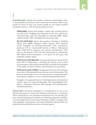 C-3PRIMER TO DESIGN SAFE SCHOOL PROJECTS IN CASE OF TERRORIST ATTACKS AND SCHOOL SHOOTINGS C-3
2CHEMICAL, BIOLOGICAL, AND RADIOLOGICAL GLOSSARY C
I
Incapacitating agents. Agents that produce temporary physiological and/
or mental effects via action on the central nervous system. Effects may
persist for hours or days, but victims usually do not require medical
treatment; however, such treatment speeds recovery.
Vomiting agents. Agents that produce nausea and vomiting effects;
can also cause coughing, sneezing, pain in the nose and throat,
nasal discharge, and tears. Examples are adamsite (DM), diphe-
nylchloroarsine (DA), and diphenylcyanoarsine (DC).
Tear (riot control) agents. Agents that produce irritating or disabling
effects that rapidly disappear within minutes after exposure
ceases. Examples are bromobenzylcyanide (CA), chloroaceto-
phenone (CN or commercially known as Mace), chloropicrin
(PS), CNB (CN in benzene and carbon tetrachloride), CNC
(CN in chloroform), CNS (CN and chloropicrin in chloroform,
CR (dibenz-(b,f)-1,4-oxazepine, a tear gas), CS (tear gas), and
Capsaicin (pepper spray).
Central nervous system depressants. Compounds that have the predomi-
nant effect of depressing or blocking the activity of the central
nervous system. The primary mental effects include the disruption
of the ability to think, sedation, and elimination of motivation.
Central nervous system stimulants. Compounds that have the predomi-
nant effect of flooding the brain with too much information. The
primary mental effect is loss of concentration, causing indecisive-
ness and the inability to act in a sustained, purposeful manner.
Examples of compounds that are both depressants and stimulants
include agent 15 (suspected Iraqi BZ), BZ (3-quinulidinyle ben-
zilate), canniboids, fentanyls, LSD (lysergic acid diethylamide),
and phenothiazines.
Industrial agents. Chemicals developed or manufactured for use in in-
dustrial operations or research by industry, government, or academia.
These chemicals are not primarily manufactured for the specific pur-
pose of producing human casualties or rendering equipment, facilities,
or areas dangerous for use by man. Hydrogen cyanide, cyanogen chlo-
ride, phosgene, chloropicrin, and many herbicides and pesticides are
industrial chemicals that also can be chemical agents.
 