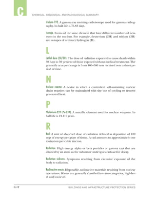 C-12 BUILDINGS AND INFRASTRUCTURE PROTECTION SERIESC-12
2 CHEMICAL, BIOLOGICAL, AND RADIOLOGICAL GLOSSARYC
Iridium-192. A gamma ray emitting radioisotope used for gamma radiog-
raphy. Its half-life is 73.83 days.
Isotope. Forms of the same element that have different numbers of neu-
trons in the nucleus. For example, deuterium (2H) and tritium (3H)
are isotopes of ordinary hydrogen (H).
L
Lethal dose (50/30). The dose of radiation expected to cause death within
30 days to 50 percent of those exposed without medical treatment. The
generally accepted range is from 400–500 rem received over a short pe-
riod of time.
N
Nuclear reactor. A device in which a controlled, self-sustaining nuclear
chain reaction can be maintained with the use of cooling to remove
generated heat.
P
Plutonium-239 (Pu-239). A metallic element used for nuclear weapons. Its
half-life is 24,110 years.
R
Rad. A unit of absorbed dose of radiation defined as deposition of 100
ergs of energy per gram of tissue. A rad amounts to approximately one
ionization per cubic micron.
Radiation. High energy alpha or beta particles or gamma rays that are
emitted by an atom as the substance undergoes radioactive decay.
Radiation sickness. Symptoms resulting from excessive exposure of the
body to radiation.
Radioactive waste. Disposable, radioactive materials resulting from nuclear
operations. Wastes are generally classified into two categories, high-lev-
el and low-level.
 