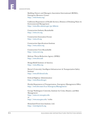 E-6 BUILDINGS AND INFRASTRUCTURE PROTECTION SERIESE-6
2 ASSOCIATIONSE
Building Owners and Managers Association International (BOMA),
Emergency Resource Center
http://www.boma.org/
California Department of Health Services, Division of Drinking Water &
Environmental Management
http://www.dhs.cahwnet.gov/ps/ddwem
Construction Industry Roundtable
http://www.cirt.org
Construction Innovation Forum
http://www.cif.org
Construction Specifications Institute
http://www.csinet.org
Construction Users Roundtable
http://www.curt.org
Defense Threat Reduction Agency (DTRA)
http://www.dtra.mil
Design-Build Institute of America
http://www.dbia.org
Drexel (University) Intelligent Infrastructure & Transportation Safety
Institute
http://www.di3.drexel.edu
Federal Highway Administration
http://www.fhwa.dot.gov
Florida Department of Transportation, Emergency Management Office
http://www.dot.state.fl.us/EmergencyManagement/
George Washington University, Institute for Crisis, Disaster, and Risk
Management
http://www.cee.seas.gwu.edu
or
http://www.seas.gwu.edu/~icdm
Homeland Protection Institute, Ltd.
http://www.hpi-tech.org
 