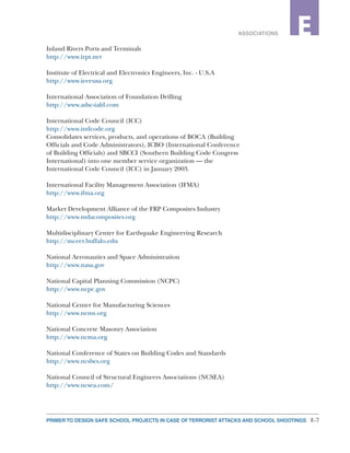 E-7PRIMER TO DESIGN SAFE SCHOOL PROJECTS IN CASE OF TERRORIST ATTACKS AND SCHOOL SHOOTINGS
2ASSOCIATIONS E
Inland Rivers Ports and Terminals
http://www.irpt.net
Institute of Electrical and Electronics Engineers, Inc. - U.S.A
http://www.ieeeusa.org
International Association of Foundation Drilling
http://www.adsc-iafd.com
International Code Council (ICC)
http://www.intlcode.org
Consolidates services, products, and operations of BOCA (Building
Officials and Code Administrators), ICBO (International Conference
of Building Officials) and SBCCI (Southern Building Code Congress
International) into one member service organization — the
International Code Council (ICC) in January 2003.
International Facility Management Association (IFMA)
http://www.ifma.org
Market Development Alliance of the FRP Composites Industry
http://www.mdacomposites.org
Multidisciplinary Center for Earthquake Engineering Research
http://mceer.buffalo.edu
National Aeronautics and Space Administration
http://www.nasa.gov
National Capital Planning Commission (NCPC)
http://www.ncpc.gov
National Center for Manufacturing Sciences
http://www.ncms.org
National Concrete Masonry Association
http://www.ncma.org
National Conference of States on Building Codes and Standards
http://www.ncsbcs.org
National Council of Structural Engineers Associations (NCSEA)
http://www.ncsea.com/
 