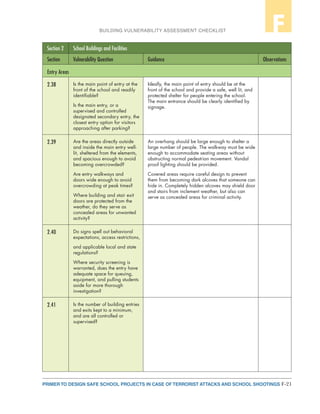 F-21PRIMER TO DESIGN SAFE SCHOOL PROJECTS IN CASE OF TERRORIST ATTACKS AND SCHOOL SHOOTINGS
BUILDING VULNERABILITY ASSESSMENT CHECKLIST F
Section 2 School Buildings and Facilities
Section Vulnerability Question Guidance Observations
Entry Areas
2.38 Is the main point of entry at the
front of the school and readily
identifiable?
Is the main entry, or a
supervised and controlled
designated secondary entry, the
closest entry option for visitors
approaching after parking?
Ideally, the main point of entry should be at the
front of the school and provide a safe, well lit, and
protected shelter for people entering the school.
The main entrance should be clearly identified by
signage.
2.39 Are the areas directly outside
and inside the main entry well-
lit, sheltered from the elements,
and spacious enough to avoid
becoming overcrowded?
Are entry walkways and
doors wide enough to avoid
overcrowding at peak times?
Where building and stair exit
doors are protected from the
weather, do they serve as
concealed areas for unwanted
activity?
An overhang should be large enough to shelter a
large number of people. The walkway must be wide
enough to accommodate seating areas without
obstructing normal pedestrian movement. Vandal
proof lighting should be provided.
Covered areas require careful design to prevent
them from becoming dark alcoves that someone can
hide in. Completely hidden alcoves may shield door
and stairs from inclement weather, but also can
serve as concealed areas for criminal activity.
2.40 Do signs spell out behavioral
expectations, access restrictions,
and applicable local and state
regulations?
Where security screening is
warranted, does the entry have
adequate space for queuing,
equipment, and pulling students
aside for more thorough
investigation?
2.41 Is the number of building entries
and exits kept to a minimum,
and are all controlled or
supervised?
 