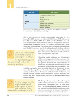 1-6 BUILDINGS AND INFRASTRUCTURE PROTECTION SERIES
RISKS FOR SCHOOLS1
Threat Type Threat Scenario
Wind Hurricane (Wind and Water)
Tornado
Other High Wind
Landslide Rainfall
Fire Resulting from Earthquake
Resulting from Blast
Arson or Incidental
Note: Zone I is within 100 feet of the building; Zone II is from 100 to 300 feet of the building;
and Zone III is from 300 to 1000 feet of the building.
One or two screeners can conduct and complete a screening in 1 to 5
hours. The IRVS operates on Microsoft (MS) Access 2007 with support
from MS Excel 2007 and MS Word 2007, as well as PDF files. The soft-
ware tool facilitates data collection and data management functions.
Screeners use the software tool on a PC tablet or laptop to collect, store,
and report screening data. The software tool can be used during all phas-
es of the IRVS procedure (pre-field, field, and post-field). Data collected
during the screening are transferred to a data-
base and stored as individual records, which are
used to compute the risk score.
The digital catalog guides the user through each
of the screening questions in the assessment with
background information to assist with answering
the question. Screeners will need to become fa-
miliar with the catalog to maintain accuracy and
consistency from one assessment to another. The
reliability and quality of the screening depends on the amount of time
devoted and the quality of information collection. The reliability and
quality can be increased if screeners verify structural, mechanical, and
security features, perform interior inspections, conduct interviews with
security and other key personnel, and review drawings and security op-
eration manuals.
The final product provides a color-coded legend,
and a number of scores (risk, resiliency, threat,
vulnerability, consequence, etc.) in whole num-
bers. The tool also allows the assessor to duplicate
the assessment and add additional countermea-
sures to demonstrate to tenants what effect a
countermeasure will have on an overall score.
One or two screeners can
conduct and complete a
screening in 1 to 5 hours.
The digital catalog guides
the user through each of the
screening questions.
The final product provides
a color-coded legend,
and a number of scores
(risk, resiliency, threat,
vulnerability, consequence, etc.).
 