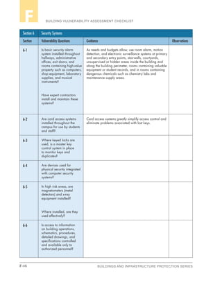 F-46 BUILDINGS AND INFRASTRUCTURE PROTECTION SERIES
BUILDING VULNERABILITY ASSESSMENT CHECKLISTF
Section 6 Security Systems
Section Vulnerability Questions Guidance Observations
6-1 Is basic security alarm
system installed throughout
hallways, administrative
offices, exit doors, and
rooms containing high-value
property such as computers,
shop equipment, laboratory
supplies, and musical
instruments?
Have expert contractors
install and maintain these
systems?
As needs and budgets allow, use room alarm, motion
detection, and electronic surveillance systems at primary
and secondary entry points, stairwells, courtyards,
unsupervised or hidden areas inside the building and
along the building perimeter, rooms containing valuable
equipment or student records, and in rooms containing
dangerous chemicals such as chemistry labs and
maintenance supply areas.
6-2 Are card access systems
installed throughout the
campus for use by students
and staff?
Card access systems greatly simplify access control and
eliminate problems associated with lost keys.
6-3 Where keyed locks are
used, is a master key
control system in place
to monitor keys and
duplicates?
6-4 Are devices used for
physical security integrated
with computer security
systems?
6-5 In high risk areas, are
magnetometers (metal
detectors) and x-ray
equipment installed?
Where installed, are they
used effectively?
6-6 Is access to information
on building operations,
schematics, procedures,
detailed drawings, and
specifications controlled
and available only to
authorized personnel?
 