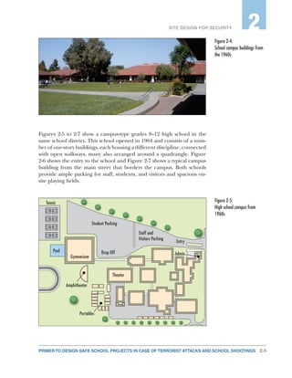 2-5PRIMER TO DESIGN SAFE SCHOOL PROJECTS IN CASE OF TERRORIST ATTACKS AND SCHOOL SHOOTINGS
SITE DESIGN FOR SECURITY 2
Figures 2-5 to 2-7 show a campus-type grades 8–12 high school in the
same school district. This school opened in 1964 and consists of a num-
ber of one-story buildings, each housing a different discipline, connected
with open walkways, many also arranged around a quadrangle. Figure
2-6 shows the entry to the school and Figure 2-7 shows a typical campus
building from the main street that borders the campus. Both schools
provide ample parking for staff, students, and visitors and spacious on-
site playing fields.
Entry
Staff and
Visitors Parking
Student Parking
Drop Off
Portables
Amphitheater
Tennis
Pool
Gymnasium
Theater
Admin.
Figure 2‑4:
School campus buildings from
the 1960s
Figure 2‑5:
High school campus from
1960s
 