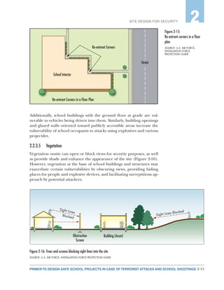 2-15PRIMER TO DESIGN SAFE SCHOOL PROJECTS IN CASE OF TERRORIST ATTACKS AND SCHOOL SHOOTINGS
SITE DESIGN FOR SECURITY 2
Re-entrant Corners in a Floor Plan
Re-entrant Corners
Street
School Interior
Additionally, school buildings with the ground floor at grade are vul-
nerable to vehicles being driven into them. Similarly, building openings
and glazed walls oriented toward publicly accessible areas increase the
vulnerability of school occupants to attacks using explosives and various
projectiles.
2.2.3.5	Vegetation
Vegetation onsite can open or block views for security purposes, as well
as provide shade and enhance the appearance of the site (Figure 2-16).
However, vegetation at the base of school buildings and structures may
exacerbate certain vulnerabilities by obscuring views, providing hiding
places for people and explosive devices, and facilitating surreptitious ap-
proach by potential attackers.
Figure 2‑16: Trees and screens blocking sight lines into the site
SOURCE: U.S. AIR FORCE, INSTALLATION FORCE PROTECTION GUIDE
Figure 2‑15:
Re-entrant corners in a floor
plan
SOURCE: U.S. AIR FORCE,
INSTALLATION FORCE
PROTECTION GUIDE
Building (Asset)Obstruction
Screen
Sight Lines
Blocked
Sight Lines Blocked
 