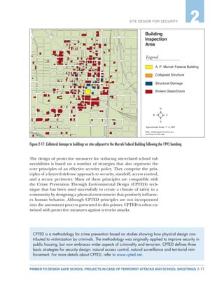 2-17PRIMER TO DESIGN SAFE SCHOOL PROJECTS IN CASE OF TERRORIST ATTACKS AND SCHOOL SHOOTINGS
SITE DESIGN FOR SECURITY 2
Note: Undamaged structures are
not shown on this map.
Building
Inspection
Area
Legend
A. P. Murrah Federal Building
Collapsed Structure
Structural Damage
Broken Glass/Doors
Approximate Scale: 1" =1,300'
The design of protective measures for reducing site-related school vul-
nerabilities is based on a number of strategies that also represent the
core principles of an effective security policy. They comprise the prin-
ciples of a layered defense approach to security, standoff, access control,
and a secure perimeter. Many of these principles are compatible with
the Crime Prevention Through Environmental Design (CPTED) tech-
nique that has been used successfully to create a climate of safety in a
community by designing a physical environment that positively influenc-
es human behavior. Although CPTED principles are not incorporated
into the assessment process presented in this primer, CPTED is often en-
twined with protective measures against terrorist attacks.
Figure 2‑17: Collateral damage to buildings on sites adjacent to the Murrah Federal Building following the 1995 bombing
CPTED is a methodology for crime prevention based on studies showing how physical design con-
tributed to victimization by criminals. The methodology was originally applied to improve security in
public housing, but now embraces wider aspects of criminality and terrorism. CPTED defines three
basic strategies for security design: natural access control, natural surveillance and territorial rein-
forcement. For more details about CPTED, refer to www.cpted.net.
 