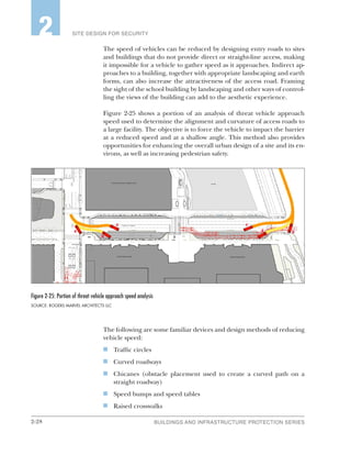 2-28 BUILDINGS AND INFRASTRUCTURE PROTECTION SERIES
SITE DESIGN FOR SECURITY2
The speed of vehicles can be reduced by designing entry roads to sites
and buildings that do not provide direct or straight-line access, making
it impossible for a vehicle to gather speed as it approaches. Indirect ap-
proaches to a building, together with appropriate landscaping and earth
forms, can also increase the attractiveness of the access road. Framing
the sight of the school building by landscaping and other ways of control-
ling the views of the building can add to the aesthetic experience.
Figure 2-25 shows a portion of an analysis of threat vehicle approach
speed used to determine the alignment and curvature of access roads to
a large facility. The objective is to force the vehicle to impact the barrier
at a reduced speed and at a shallow angle. This method also provides
opportunities for enhancing the overall urban design of a site and its en-
virons, as well as increasing pedestrian safety.
The following are some familiar devices and design methods of reducing
vehicle speed:
n	 Traffic circles
n	 Curved roadways
n	 Chicanes (obstacle placement used to create a curved path on a
straight roadway)
n	 Speed bumps and speed tables
n	 Raised crosswalks
Figure 2‑25: Portion of threat vehicle approach speed analysis
SOURCE: ROGERS MARVEL ARCHITECTS LLC
 
