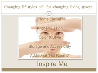 Changing    lifestyles    call    for    changing    living    spaces    
                                   10  

                           Home Layout

                          Kitchen Design

                           Color & Style

                   Storage and Accessibility



                          Inspire Me
 