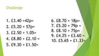 Challenge
1. £3.40 +42p=
2. £5.20 + 57p=
3. £2.50 + 1.05=
4. £8.80 + £2.10 =
5. £9.30 + £1.50=
6. £8.70 + 18p=
7. £5.20 + 79p =
8. £8.10 + 75p=
9. £4.25 + £3.60 =
10. £5.65 + £1.33=
 