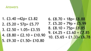 Answers
1. £3.40 +42p= £3.82
2. £5.20 + 57p= £5.77
3. £2.50 + 1.05= £3.55
4. £8.80 + £2.10 = £10.90
5. £9.30 + £1.50= £10.80
6. £8.70 + 18p= £8.88
7. £5.20 + 79p = £5.99
8. £8.10 + 75p= £8.85
9. £4.25 + £3.60 = £7.85
10. £5.65 + £1.33= £6.78
 
