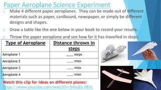 Paper Aeroplane Science Experiment
1. Make 4 different paper aeroplanes. They can be made out of different
materials such as paper, cardboard, newspaper, or simply be different
designs and shapes.
2. Draw a table like the one below in your book to record your results.
3. Throw the paper aeroplane and see how far it has travelled in steps.
Type of Aeroplane Distance thrown in
steps
Aeroplane 1 ____ steps
Aeroplane 2 ____ steps
Aeroplane 3 ____ steps
Aeroplane 4 ____ steps
Watch this clip for ideas on different planes:
https://www.youtube.com/watch?v=54noZe-0B1c
 