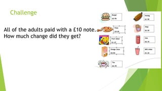 Challenge
All of the adults paid with a £10 note.
How much change did they get?
 