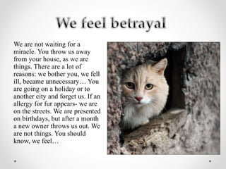 We are not waiting for a
miracle. You throw us away
from your house, as we are
things. There are a lot of
reasons: we bother you, we fell
ill, became unnecessary… You
are going on a holiday or to
another city and forget us. If an
allergy for fur appears- we are
on the streets. We are presented
on birthdays, but after a month
a new owner throws us out. We
are not things. You should
know, we feel…
 