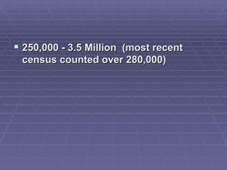 250,000 - 3.5 Million (most recent census counted over 280,000)