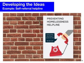 Developing the Ideas
Example: Self-referral helpline
14
 