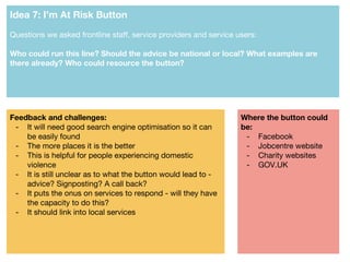 Idea 7: I’m At Risk Button
Questions we asked frontline staff, service providers and service users:
Who could run this line? Should the advice be national or local? What examples are
there already? Who could resource the button?
Feedback and challenges:
- It will need good search engine optimisation so it can
be easily found
- The more places it is the better
- This is helpful for people experiencing domestic
violence
- It is still unclear as to what the button would lead to -
advice? Signposting? A call back?
- It puts the onus on services to respond - will they have
the capacity to do this?
- It should link into local services
Where the button could
be:
- Facebook
- Jobcentre website
- Charity websites
- GOV.UK
 