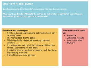 Idea 7: I’m At Risk Button
Questions we asked frontline staff, service providers and service users:
Who could run this lin...