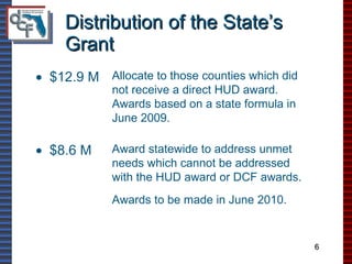 Distribution of the State’s Grant 6 Award statewide to address unmet needs which cannot be addressed with the HUD award or DCF awards. Awards to be made in June 2010.    $8.6 M Allocate to those counties which did not receive a direct HUD award.  Awards based on a state formula in June 2009.    $12.9 M 