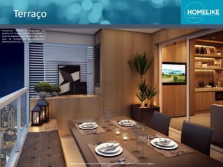 Terraço
Perspectiva artística. A vegetação que
aparece nas imagens está em porte adulto. O
porte da vegetação será atingido após alguns
anos da entrega do empreendimento.
Material preliminar à alteração.
Material preliminar de treinamento sujeito a alterações de informações e imagens
 