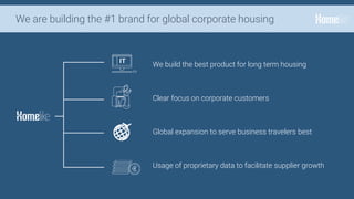 We build the best product for long term housing
Clear focus on corporate customers
Global expansion to serve business travelers best
Usage of proprietary data to facilitate supplier growth
We are building the #1 brand for global corporate housing
 