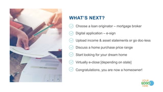 WHAT’S NEXT?
Choose a loan originator – mortgage broker
Digital application – e-sign
Upload income & asset statements or go doc-less
Discuss a home purchase price range
Start looking for your dream home
Virtually e-close [depending on state]
Congratulations, you are now a homeowner!
 