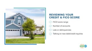 REVIEWING YOUR
CREDIT & FICO SCORE
FICO score range
Late or delinquencies
Number of accounts
Talking on new debt/credit inquiries
 