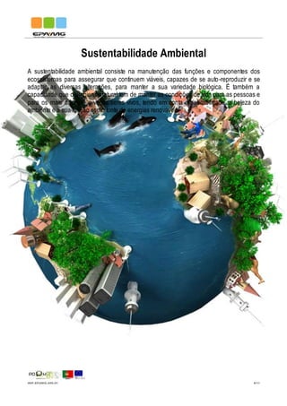 IMP.EPAMG.045-01 8/11
Sustentabilidade Ambiental
A sustentabilidade ambiental consiste na manutenção das funções e componentes dos
ecossistemas para assegurar que continuem viáveis, capazes de se auto-reproduzir e se
adaptar as diversas alterações, para manter a sua variedade biológica. É também a
capacidade que o ambiente natural tem de manter as condições de vida para as pessoas e
para os mais diversos e vários seres vivos, tendo em conta a habitabilidade, a beleza do
ambiente e a sua função como fonte de energias renováveis.
 