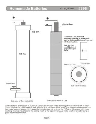 Homemade Batteries #396
Copyright 2003
-
page 7
-
+
+
Copper Pipe
Side view of inside of Cell
Side view of Completed Cell
Water Drain
Aluminum Cans, Soldered
or riveted together, or make small
cuts in the top and bottom of cans and
slit them together.
Just like you
would 2 pices of
paper, then glue
them.
Cut the Bottoms and tops off of Aluminum Coke Cans.You can Solder them together or cut small slits in each
can so they can be joined together then you can glue them with silicon, if you glue on the outside of each can
then make sure you allow enough space for the can assembly to fit into the PVC pipe. Make sure all can are
touching. You may have to sand the printing ink off of the tops of them, Just make sure they are all making a
good electrical connection.
TOP VIEW OF CELL
Copper Pipe
Aluminum Cans
PVC CAPS
PVC Pipe
 