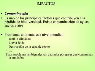 IMPACTOS Contaminación  Es uno de los principales factores que contribuyen a la pérdida de biodiversidad. Existe contaminación de aguas, suelos y aire Problemas ambientales a nivel mundial: cambio climático Lluvia ácida Destrucción de la capa de ozono … Estos problemas ambientales tan causados por gases que contaminan la atmósfera 