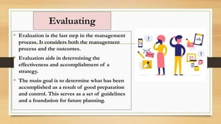 Evaluating
• Evaluation is the last step in the management
process. It considers both the management
process and the outcomes.
• Evaluation aids in determining the
effectiveness and accomplishment of a
strategy.
• The main goal is to determine what has been
accomplished as a result of good preparation
and control. This serves as a set of guidelines
and a foundation for future planning.
 