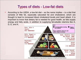 According to the USDA, a low-fat diet – as the name implies – is a diet that consists of little fat, especially saturated fat and cholesterol, which are thought to lead to increased blood cholesterol levels and heart attack. It is important to know that dietary fat is needed for good health, as fats supply energy and fatty acids, in addition to supplying fat-soluble vitamins like A, D, E, and K. 
