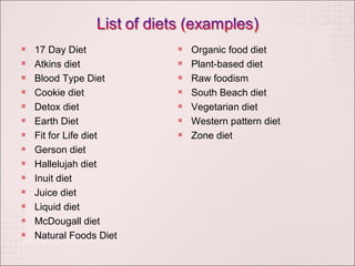 17 Day Diet Atkins diet Blood Type Diet Cookie diet Detox diet Earth Diet Fit for Life diet Gerson diet Hallelujah diet Inuit diet Juice diet Liquid diet McDougall diet Natural Foods Diet Organic food diet Plant-based diet Raw foodism South Beach diet Vegetarian diet Western pattern diet Zone diet 