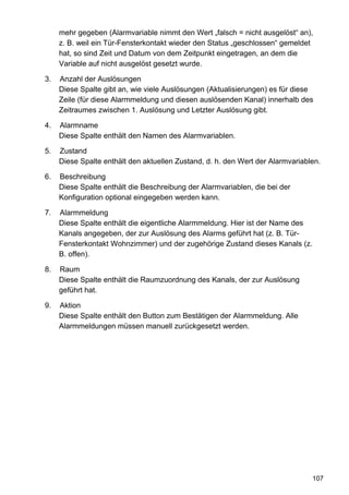 mehr gegeben (Alarmvariable nimmt den Wert „falsch = nicht ausgelöst“ an),
     z. B. weil ein Tür-Fensterkontakt wieder den Status „geschlossen“ gemeldet
     hat, so sind Zeit und Datum von dem Zeitpunkt eingetragen, an dem die
     Variable auf nicht ausgelöst gesetzt wurde.

3.   Anzahl der Auslösungen
     Diese Spalte gibt an, wie viele Auslösungen (Aktualisierungen) es für diese
     Zeile (für diese Alarmmeldung und diesen auslösenden Kanal) innerhalb des
     Zeitraumes zwischen 1. Auslösung und Letzter Auslösung gibt.

4.   Alarmname
     Diese Spalte enthält den Namen des Alarmvariablen.

5.   Zustand
     Diese Spalte enthält den aktuellen Zustand, d. h. den Wert der Alarmvariablen.

6.   Beschreibung
     Diese Spalte enthält die Beschreibung der Alarmvariablen, die bei der
     Konfiguration optional eingegeben werden kann.

7.   Alarmmeldung
     Diese Spalte enthält die eigentliche Alarmmeldung. Hier ist der Name des
     Kanals angegeben, der zur Auslösung des Alarms geführt hat (z. B. Tür-
     Fensterkontakt Wohnzimmer) und der zugehörige Zustand dieses Kanals (z.
     B. offen).

8.   Raum
     Diese Spalte enthält die Raumzuordnung des Kanals, der zur Auslösung
     geführt hat.

9.   Aktion
     Diese Spalte enthält den Button zum Bestätigen der Alarmmeldung. Alle
     Alarmmeldungen müssen manuell zurückgesetzt werden.




                                                                                107
 