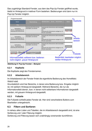 Das zugehörige Standard Fenster, aus dem das Pop-Up Fenster geöffnet wurde,
bleibt im Hintergrund in inaktiver Form bestehen. Bedienungen sind dann nur im
Pop-Up Fenster möglich.

      Programmauswahl

               Name                       Beschreibung         Aktivität (Dann... ,Sonst..., Sonst Wenn...)    Aktion
                                                                                                                             Kopfzeile

                   Filter
                                    Deckenleuchte Wohnzimmer   Deckenleuchte Wohnzimmer sofort einschalten
             Verknüpfung            einschalten und dimmen     auf 50%
      FB-Ch.1 Deckenleuchte mit                                und                                            Auswahl
      Deckenleuchte Wohnzimmer                                 Deckenleuchte Wohnzimmer verzögert um 15       77        78
                                                               Minuten ausschalten.

                                    Deckenleuchte Wohnzimmer   Deckenleuchte Wohnzimmer sofort einschalten
             Verknüpfung            einschalten und dimmen     auf 50%
      FB-Ch.1 Deckenleuchte mit
      Deckenleuchte Wohnzimmer
                                                               und
                                                               Deckenleuchte Wohnzimmer verzögert um 15
                                                                                                              Auswahl        Arbeits-
                                                               Minuten ausschalten.                                          bereich
                                    Deckenleuchte Wohnzimmer   Deckenleuchte Wohnzimmer sofort einschalten
             Verknüpfung            einschalten und dimmen     auf 50%
      FB-Ch.1 Deckenleuchte mit                                und                                            Auswahl
      Deckenleuchte Wohnzimmer                                 Deckenleuchte Wohnzimmer verzögert um 15
                                                               Minuten ausschalten.


        OK               Filter
                          OK         Systeminterne Programme
                                        OK
     Abbrechen
                     zurücksetzen           einblenden
      77      78                                                                                                             Fußzeile
     Informationsfeld, editieren bzw. bedienen                                           Bedienfeld, bearbeiten möglich:
     nicht möglich: grauer Hintergrund                                                   weißer Hintergrund

Abbildung 9: Pop-Up Fenster – Beispiel

6.2.1         Kopfzeile
Die Kopfzeile zeigt den Fensternamen.

6.2.2         Arbeitsbereich
Im Arbeitsbereich der Fenster findet die eigentliche Bedienung des HomeMatic
WebUI statt.
Grundsätzlich sind hier Bereiche, in denen eine Bedienung bzw. Eingabe möglich
ist, mit weißem Hintergrund dargestellt. Während Bereiche, die nur als
Informationsfeld dienen, bzw. in denen nicht editierbare Informationen dargestellt
werden, mit grauem Hintergrund dargestellt.

6.2.3         Fußzeile
Die Fußzeile schließt jedes Fenster ab. Hier sind verschiedene Buttons zum
Bearbeiten untergebracht.

6.3        Filtern und Sortieren
In nahezu allen Listen und Tabellen, die im Arbeitsbereich dargestellt sind, ist eine
Sortierung und / oder Filterung möglich.
Sortierung und Filterung lassen sich unabhängig voneinander durchführen.




28
 