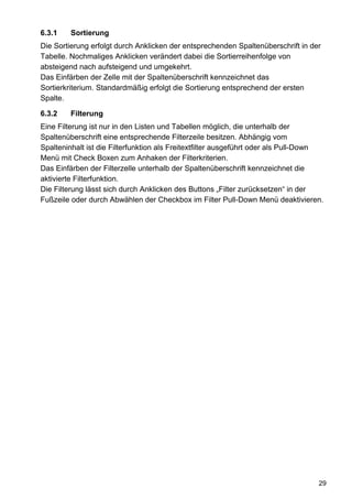 6.3.1    Sortierung
Die Sortierung erfolgt durch Anklicken der entsprechenden Spaltenüberschrift in der
Tabelle. Nochmaliges Anklicken verändert dabei die Sortierreihenfolge von
absteigend nach aufsteigend und umgekehrt.
Das Einfärben der Zelle mit der Spaltenüberschrift kennzeichnet das
Sortierkriterium. Standardmäßig erfolgt die Sortierung entsprechend der ersten
Spalte.

6.3.2    Filterung
Eine Filterung ist nur in den Listen und Tabellen möglich, die unterhalb der
Spaltenüberschrift eine entsprechende Filterzeile besitzen. Abhängig vom
Spalteninhalt ist die Filterfunktion als Freitextfilter ausgeführt oder als Pull-Down
Menü mit Check Boxen zum Anhaken der Filterkriterien.
Das Einfärben der Filterzelle unterhalb der Spaltenüberschrift kennzeichnet die
aktivierte Filterfunktion.
Die Filterung lässt sich durch Anklicken des Buttons „Filter zurücksetzen“ in der
Fußzeile oder durch Abwählen der Checkbox im Filter Pull-Down Menü deaktivieren.




                                                                                   29
 