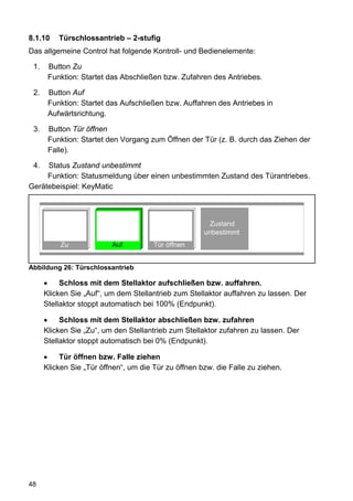 8.1.10    Türschlossantrieb – 2-stufig
Das allgemeine Control hat folgende Kontroll- und Bedienelemente:

 1.    Button Zu
       Funktion: Startet das Abschließen bzw. Zufahren des Antriebes.

 2.    Button Auf
       Funktion: Startet das Aufschließen bzw. Auffahren des Antriebes in
       Aufwärtsrichtung.

 3.    Button Tür öffnen
       Funktion: Startet den Vorgang zum Öffnen der Tür (z. B. durch das Ziehen der
       Falle).

 4.  Status Zustand unbestimmt
     Funktion: Statusmeldung über einen unbestimmten Zustand des Türantriebes.
Gerätebeispiel: KeyMatic



                                                        Zustand
                                                      unbestimmt
           Zu             Auf          Tür öffnen


Abbildung 26: Türschlossantrieb

      •    Schloss mit dem Stellaktor aufschließen bzw. auffahren.
      Klicken Sie „Auf“, um dem Stellantrieb zum Stellaktor auffahren zu lassen. Der
      Stellaktor stoppt automatisch bei 100% (Endpunkt).

      •    Schloss mit dem Stellaktor abschließen bzw. zufahren
      Klicken Sie „Zu“, um den Stellantrieb zum Stellaktor zufahren zu lassen. Der
      Stellaktor stoppt automatisch bei 0% (Endpunkt).

      •    Tür öffnen bzw. Falle ziehen
      Klicken Sie „Tür öffnen“, um die Tür zu öffnen bzw. die Falle zu ziehen.




48
 