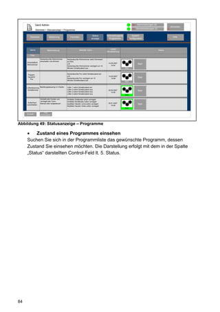 Gerd Admin                                                                                                 12   Alarmmeldungen (0)
                                                                                                                                                                       Abmelden
                                                                                                                             11   Servicemeldungen (0)            10
                  Startseite > Statusanzeige > Programme

                                                                                      Status        Verknüpfungen&           System-
         Startseite               Bedienung               Favoriten                                                                                                      Hilfe
     2                        3                       4                         8    anzeige          Programme         68konfiguration                           9
                                                                                                    5




         Name                                                                                           Letzte
                              Beschreibung                           Aktivität: Dann...                                                                  Status
                                                                                                    Aktualisierung
         Filter
                      Deckenleuchte Wohnzimmer        Deckenleuchte Wohnzimmer sofort Dimmwert
                      einschalten und dimmen          auf 50%
     Einschlaflicht                                                                                     14.05.2007
     Wohnzimmer
                                                      und                                                                          Start
                                                      Deckenleuchte Wohnzimmer verzögert um 15             14:44
                                                      Minuten Schaltzustand aus.                                     Aktiv


                                                      Deckenleuchte Flur sofort Schaltzustand ein
      Treppen-
                                                      und                                               14.05.2007
      hauslicht                                                                                                                    Start
                                                      Deckenleuchte Flur verzögert um 15                   14:48
         Flur
                                                      Minuten Schaltzustand aus
                                                                                                                     Aktiv


     Lüftersteuerung Belüftungssteuerng in 4 Stufen   Lüfter 1 sofort Schaltzustand ein
      Schlafzimmer                                    Lüfter 2 sofort Schaltzustand aus              30.05.2007
                                                      Lüfter 2 sofort Schaltzustand aus
                                                                                                                                   Start
                                                                                                        14:48
                                                      Lüfter 2 sofort Schaltzustand aus
                                                                                                                     Aktiv

                      Schließt alle Fenster und       WinMatic Südfenster sofort verriegelt
                      verriegelt alle Türen.          WinMatic Nordfenster sofort verriegelt
      Außenhaut                                                                                      30.01.2007
                      Manuel oder zeitgesteuert.      KeyMatic Haustür vorne sofort verriegelt                                     Start
     verschließen                                                                                       15:48
                                                      KeyMatic Haustür hinten sofort verriegelt
                                                      ...                                                            Aktiv

                          Filter
     Zurück           zurücksetzen




Abbildung 49: Statusanzeige – Programme

     •    Zustand eines Programmes einsehen
     Suchen Sie sich in der Programmliste das gewünschte Programm, dessen
     Zustand Sie einsehen möchten. Die Darstellung erfolgt mit dem in der Spalte
     „Status“ darstellten Control-Feld lt. 5. Status.




84
 