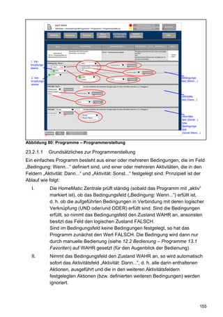 Gerd Admin                                                                                                            12    Alarmmeldungen (0)
                                                                                                                                                                                                  Abmelden
                               Startseite > Verknüpfungen&Programme > Programme > Programmerstellung                                                 11   Servicemeldungen (0)               10


                                                                                                     Status            Verknüpfungen&          68 System-
                         Startseite              Bedienung                Favoriten                                                                                                                   Hilfe
                     2                       3                       4                         8    anzeige              Programme              konfiguration                                9
                                                                                                                         5




         Bild                   Name                                Beschreibung                                    Bedingung (Wenn...)                Aktivität (Dann... ,Sonst..., Sonst Wenn...)       Aktion

                                                     Deckenleuchte Wohnzimmer                                                                          Deckenleuchte Wohnzimmer sofort einschalten
                                                                                                         FB-CH.1 Deckenleuchte betätigt.
                            Verknüpfung              einschalten und dimmen                                                                            auf 50%
                     FB-Ch.1 Deckenleuchte mit                                                                                                         und                                                    system
                     Deckenleuchte Wohnzimmer                                                                                                          Deckenleuchte Wohnzimmer verzögert um 15               intern
                                                                                                                                                       Minuten ausschalten.
  1. Ver-
                     Bedingung: Wenn...                              <leer>
  knüpfungs-                                                             Kanalzustand
                                                                                                                           <leer>
                                                                                                                     Kanalzustand          Kanalauswahl
                            <leer>     60b                                                                                                 64
  ebene                                                                  Systemzustand
                                UND                                      Zeit
                                                                                                                                                <leer>
                                                                                                                                           Systemzustand          Systemvariable
                         ODER                                                                                                                                      66
                                                                         UND
  2. Ver-                                                                                                             Zeit   <leer>           Zeitmodul
                                                                                                                                                                                                                       Bedingungs-
                                                                         ODER
  knüpfungs-                                                                                                                                 63                                                                        feld (Wenn...)
  ebene
                     Aktivität: Dann...                                    vor dem Ausführen alle laufenden Verzögerungen für diese Aktivitäten beenden (z. B. Retriggern).
                     Kanalzustand            Kanalauswahl
                     Systemzustand            65
                     Skript                                     Systemzustand            Systemvariable
                                                                                          66
                                                                                                                                                                                                                       Aktivitäts-
                                                                                                                                                                                                                       feld (Dann...)
                                                                Skript                       Erstellen
                                                                                           70


                     Aktivität: Sonst...                                   vor dem Ausführen alle laufenden Verzögerungen für diese Aktivitäten beenden (z. B. Retriggern).

                     Kanalzustand            Kanalauswahl
                                              65                          Sonst
                                                                          Sonst Wenn
                                                                                                                                                                                                                       Aktivitäts-
                                                                                                                                                                                                                       feld (Sonst...)
                                                                                                                                                                                                                       bzw.
                                                                                                                                                                                                                       Bedingungs-
                                                                                                                                                                                                                       feld
                                                   Einstellungen als neues
                   OK
                Abbrechen
                                71
                                      OK OK                OK
                                                 71 Programm speichern                                                                                                                                                 (Sonst Wenn...)
                24




Abbildung 80: Programme – Programmerstellung

23.2.1.1                 Grundsätzliches zur Programmerstellung
Ein einfaches Programm besteht aus einer oder mehreren Bedingungen, die im Feld
„Bedingung: Wenn...“ definiert sind, und einer oder mehreren Aktivitäten, die in den
Feldern „Aktivität: Dann...“ und „Aktivität: Sonst...“ festgelegt sind. Prinzipiell ist der
Ablauf wie folgt:
   I.                    Die HomeMatic Zentrale prüft ständig (sobald das Programm mit „aktiv“
                         markiert ist), ob das Bedingungsfeld („Bedingung: Wenn...“) erfüllt ist,
                         d. h. ob die aufgeführten Bedingungen in Verbindung mit deren logischer
                         Verknüpfung (UND oder/und ODER) erfüllt sind. Sind die Bedingungen
                         erfüllt, so nimmt das Bedingungsfeld den Zustand WAHR an, ansonsten
                         besitzt das Feld den logischen Zustand FALSCH.
                         Sind im Bedingungsfeld keine Bedingungen festgelegt, so hat das
                         Programm zunächst den Wert FALSCH. Die Bedingung wird dann nur
                         durch manuelle Bedienung (siehe 12.2 Bedienung – Programme 13.1
                         Favoriten) auf WAHR gesetzt (für den Augenblick der Bedienung).
   II.                   Nimmt das Bedingungsfeld den Zustand WAHR an, so wird automatisch
                         sofort das Aktivitätsfeld „Aktivität: Dann...“, d. h. alle darin enthaltenen
                         Aktionen, ausgeführt und die in den weiteren Aktivitätsfeldern
                         festgelegten Aktionen (bzw. definierten weiteren Bedingungen) werden
                         ignoriert.



                                                                                                                                                                                                                                        155
 