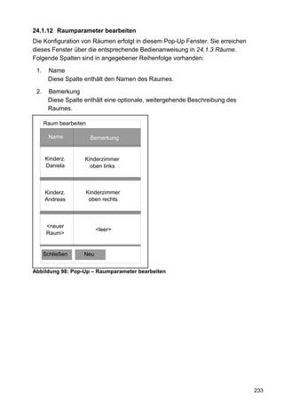 24.1.12 Raumparameter bearbeiten
Die Konfiguration von Räumen erfolgt in diesem Pop-Up Fenster. Sie erreichen
dieses Fenster über die entsprechende Bedienanweisung in 24.1.3 Räume.
Folgende Spalten sind in angegebener Reihenfolge vorhanden:

 1.    Name
       Diese Spalte enthält den Namen des Raumes.

 2.    Bemerkung
       Diese Spalte enthält eine optionale, weitergehende Beschreibung des
       Raumes.

      Raum bearbeiten

        Name             Bemerkung


      Kinderz.      Kinderzimmer
      Daniela         oben links



      Kinderz.          Kinderzimmer
      Andreas            oben rechts



       <neuer
                           <leer>
       Raum>


      Schließen     Neu


Abbildung 98: Pop-Up – Raumparameter bearbeiten




                                                                               233
 