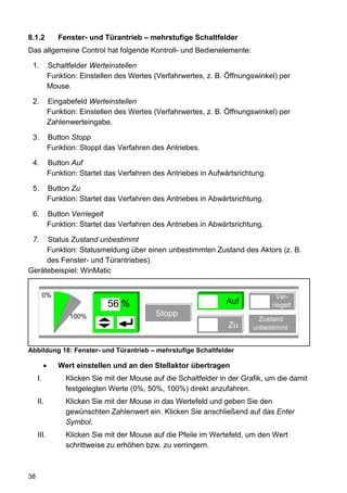 8.1.2          Fenster- und Türantrieb – mehrstufige Schaltfelder
Das allgemeine Control hat folgende Kontroll- und Bedienelemente:

 1.         Schaltfelder Werteinstellen
            Funktion: Einstellen des Wertes (Verfahrwertes, z. B. Öffnungswinkel) per
            Mouse.

 2.         Eingabefeld Werteinstellen
            Funktion: Einstellen des Wertes (Verfahrwertes, z. B. Öffnungswinkel) per
            Zahlenwerteingabe.

 3.         Button Stopp
            Funktion: Stoppt das Verfahren des Antriebes.

 4.         Button Auf
            Funktion: Startet das Verfahren des Antriebes in Aufwärtsrichtung.

 5.         Button Zu
            Funktion: Startet das Verfahren des Antriebes in Abwärtsrichtung.

 6.         Button Verriegelt
            Funktion: Startet das Verfahren des Antriebes in Abwärtsrichtung.

 7.  Status Zustand unbestimmt
     Funktion: Statusmeldung über einen unbestimmten Zustand des Aktors (z. B.
     des Fenster- und Türantriebes).
Gerätebeispiel: WinMatic


      0%                                                                           Ver-
                              56 %                                Auf            riegelt
                  100%                      Stopp
                                                                            Zustand
                                                                  Zu      unbestimmt


Abbildung 18: Fenster- und Türantrieb – mehrstufige Schaltfelder

               Wert einstellen und an den Stellaktor übertragen
     I.          Klicken Sie mit der Mouse auf die Schaltfelder in der Grafik, um die damit
                 festgelegten Werte (0%, 50%, 100%) direkt anzufahren.
     II.         Klicken Sie mit der Mouse in das Wertefeld und geben Sie den
                 gewünschten Zahlenwert ein. Klicken Sie anschließend auf das Enter
                 Symbol.
     III.        Klicken Sie mit der Mouse auf die Pfeile im Wertefeld, um den Wert
                 schrittweise zu erhöhen bzw. zu verringern.



38
 