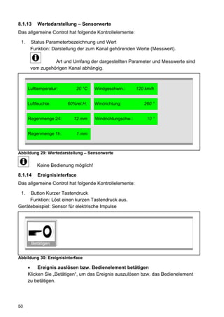 8.1.13     Wertedarstellung – Sensorwerte
Das allgemeine Control hat folgende Kontrollelemente:

 1.    Status Parameterbezeichnung und Wert
       Funktion: Darstellung der zum Kanal gehörenden Werte (Messwert).

                 Art und Umfang der dargestellten Parameter und Messwerte sind
       vom zugehörigen Kanal abhängig.



      Lufttemperatur:       20 °C     Windgeschwin.:       120 km/h


      Luftfeuchte:      60%rel.H.     Windrichtung:           260 °


      Regenmenge 24:      12 mm       Windrichtungschw.:       10 °


      Regenmenge 1h:        1 mm



Abbildung 29: Wertedarstellung – Sensorwerte

           Keine Bedienung möglich!

8.1.14     Ereignisinterface
Das allgemeine Control hat folgende Kontrollelemente:

 1.  Button Kurzer Tastendruck
     Funktion: Löst einen kurzen Tastendruck aus.
Gerätebeispiel: Sensor für elektrische Impulse




       Betätigen


Abbildung 30: Ereignisinterface

           Ereignis auslösen bzw. Bedienelement betätigen
      Klicken Sie „Betätigen“, um das Ereignis auszulösen bzw. das Bedienelement
      zu betätigen.




50
 