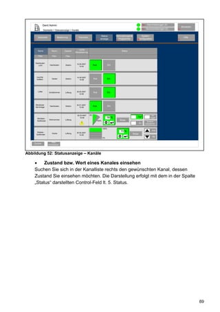 Gerd Admin                                                                                                           12    Alarmmeldungen (0)
                                                                                                                                                                     Abmelden
                                                                                                                                    11   Servicemeldungen (0)   10
                  Startseite > Statusanzeige > Kanäle

                                                                                      Status          Verknüpfungen&                System-
         Startseite                 Bedienung              Favoriten                                                                                                   Hilfe
    2                          3                     4                        8      anzeige            Programme          68konfiguration                      9
                                                                                                      5




                                                         Letzte
         Name             Raum            Gewerk                                                           Status
                                                     Aktualisierung
         Filter            Filter          Filter


     Dachboden
                                                         14.05.2007
        Licht           Dachboden          Elektro                          Aus                 Ein
                                                            14:44




        Leuchte                                          14.05.2007
        Auffahrt           Garten          Elektro
                                                            14:48
                                                                            Aus               Ein




         Lüfter        Schlafzimmer       Lüftung        30.05.2007         Aus               Ein
                                                            14:48




     Steckdose-                                          30.01.2007
     Sat-Anlage
                        Dachboden          Elektro                          Aus                 Ein
                                                            15:48



                                                         30.03.2007    0%                                                                      Ver-
                                                            15:48                             56 %                         Auf                riegelt
        WinMatic -
                        Wohnzimmer        Lüftung                                                         Stopp
        Südfenster                                                                100%                                                     Zustand
                                                              !                                                                Zu        unbestimmt

                                                                                         100%
                                                                                                          70 %                                  Auf
         Rollade -                                       30.05.2007
                           Küche          Lüftung                                                                      Stopp
        Südfenster                                          14:48
                                                                                                                                                Ab
                                                                                         0%

                           Filter
    Zurück             zurücksetzen




Abbildung 52: Statusanzeige – Kanäle

         Zustand bzw. Wert eines Kanales einsehen
    Suchen Sie sich in der Kanalliste rechts den gewünschten Kanal, dessen
    Zustand Sie einsehen möchten. Die Darstellung erfolgt mit dem in der Spalte
    „Status“ darstellten Control-Feld lt. 5. Status.




                                                                                                                                                                                89
 