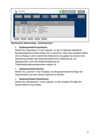 Gerd Admin                                                                                                 12   Alarmmeldungen (0)
                                                                                                                                                            Abmelden
                                                                                                                           11   Servicemeldungen (0)   10
                Startseite > Statusanzeige > Systemprotokoll

                                                                                     Status        Verknüpfungen&          System-
        Startseite              Bedienung                  Favoriten                                                                                          Hilfe
    2                       3                        4                         8    anzeige          Programme         68konfiguration                 9
                                                                                                   5




         Zeit           Datum          Kanal / Systemvariable                                              Aktivität

                       Filter                     Filter

        23:40:31      15.05.2007    Deckenleuchte Wohnzimmer           Dimmwert 70%
        23:10:34      15.05.2007    Bewegungsmelder - Eingang          Bewegung, Helligkeit 10%
        23:05:00      15.05.2007    Garagentor 1 - abwärts             Schaltzustand ein
        23:02:56      15.05.2007    Garagentor 1 - aufwärts            Schaltzustand ein
        23:00:10      15.05.2007    Bewegungsmelder - Auffahrt         Bewegung, Helligkeit 30 %
        19:50:23      15.05.2007    Anwesenheit                        abwesend




                         Filter
    Zurück           zurücksetzen    Aktualisieren         Exportieren         Löschen



Abbildung 53: Statusanzeige – Systemprotokoll

         Systemprotokoll exportieren
    Klicken Sie „Exportieren“ in der Fußzeile, um das im Speicher befindliche
    Systemprotokoll auf Ihrem lokalen PC zu speichern. Nach dem Anklicken öffnet
    sich ein Dialog in dem zunächst der Dateiname einzugeben ist und dann die
    Speicherung erfolgt. Das Systemprotokoll wird im Datenformat „csv“
    abgespeichert, womit die Weiterverarbeitung mit
    Tabellenkalkulationsprogrammen möglich ist.

         Systemprotokoll löschen
    Klicken Sie „Löschen“ in der Fußzeile, um alle gespeicherten Einträge der
    Systemhistorie aus dem internen Speicher zu löschen.

         Systemprotokoll aktualisieren
    Klicken Sie „Aktualisieren“ in der Fußzeile, um die neuesten Einträge der
    Systemhistorie hinzuzuladen.




                                                                                                                                                                       91
 