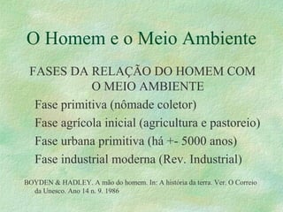 O Homem e o Meio Ambiente
FASES DA RELAÇÃO DO HOMEM COM
O MEIO AMBIENTE
Fase primitiva (nômade coletor)
Fase agrícola inicial (agricultura e pastoreio)
Fase urbana primitiva (há +- 5000 anos)
Fase industrial moderna (Rev. Industrial)
BOYDEN & HADLEY. A mão do homem. In: A história da terra. Ver. O Correio
da Unesco. Ano 14 n. 9. 1986
 