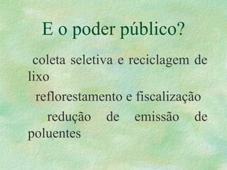 E o poder público?
coleta seletiva e reciclagem de
lixo
reflorestamento e fiscalização
redução de emissão de
poluentes
 
