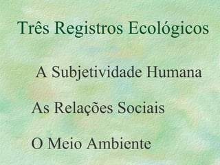 Três Registros Ecológicos
A Subjetividade Humana
As Relações Sociais
O Meio Ambiente
 